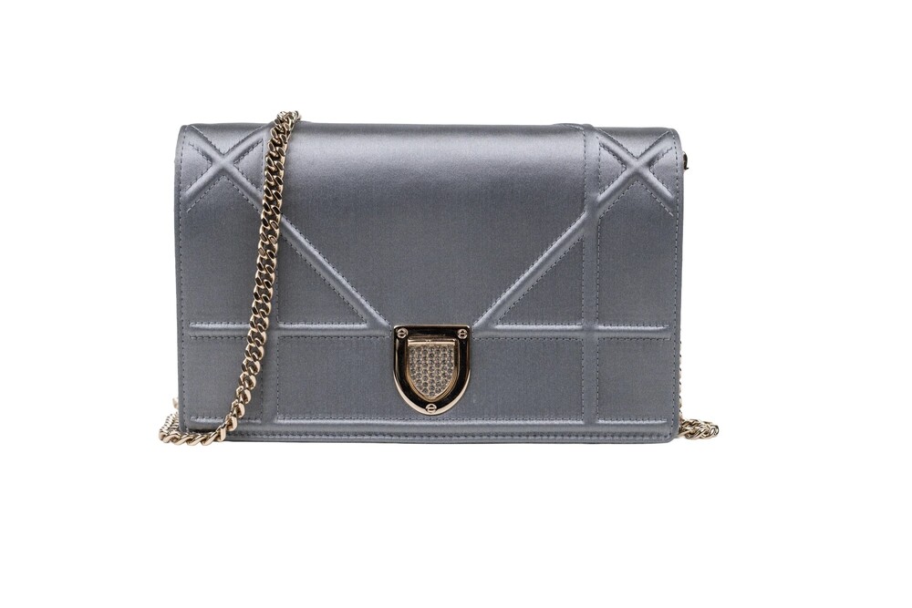 Christian Dior Blue Gray Satin Diorama Wallet on Chain